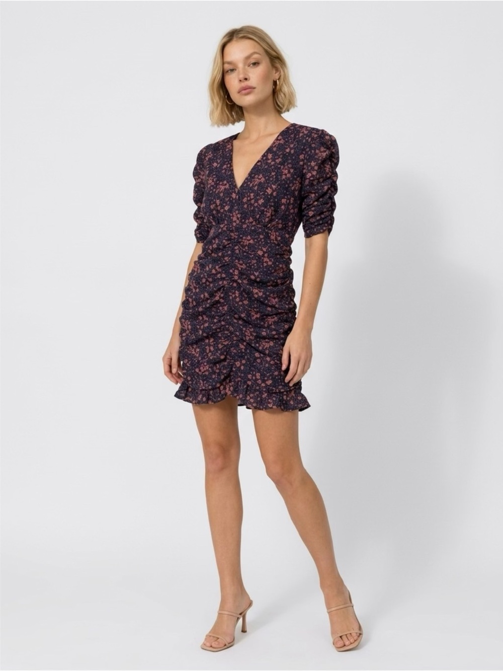 Dress Forum Navy Floral V-Neck Ruched Mini Dress with Pink Print